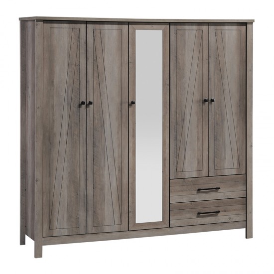 Ντουλάπα ρούχων Tara πεντάφυλλη καθρέπτης rustic 194x52x193εκ