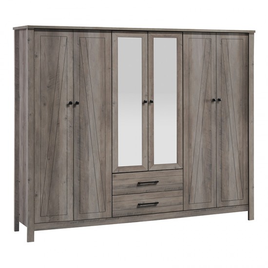 Ντουλάπα ρούχων Tara εξάφυλλη καθρέπτης rustic oak 230x52x193εκ