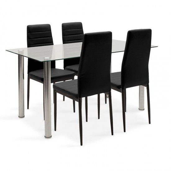 Τραπεζαρία Hazel-Parker σετ 5τμχ γυάλινη με μαύρο pu 140x80x75εκ