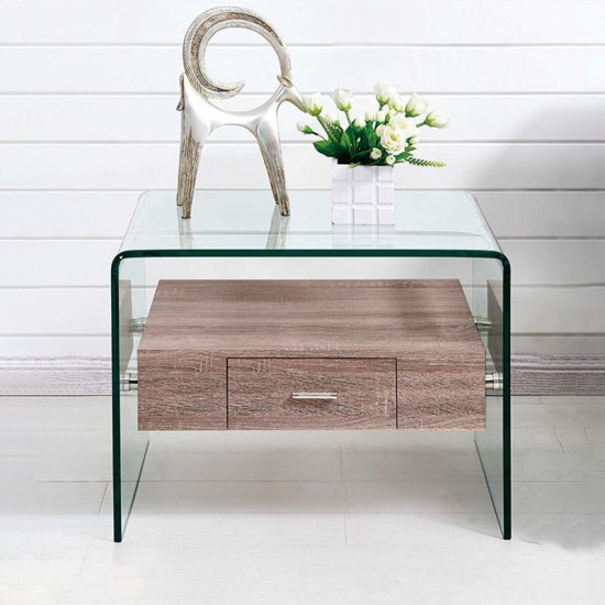 Βοηθητικό τραπέζι σαλονιού Misa γυαλί 12mm - MDF oak 55x50x42εκ