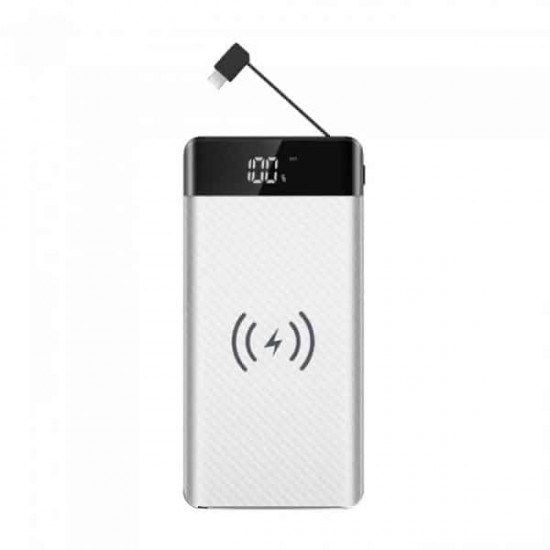 Wireless Power Bank 20000mAh με λευκό σώμα και ενσωματωμένο καλώδιο micro USB